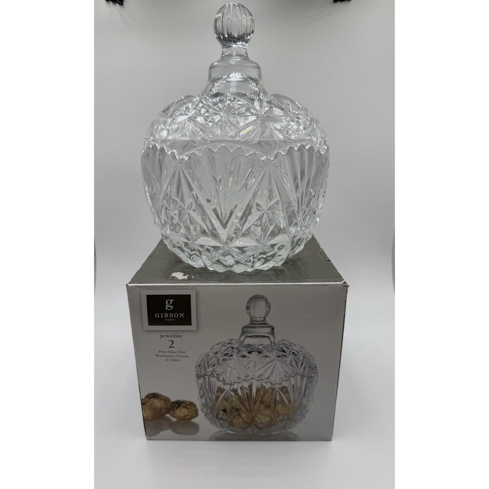 Gibson Home Jewelite Clear Cut Pressed Glass Dish with Lid 2-Piece Round